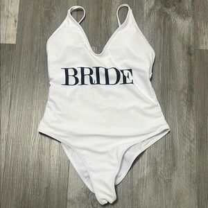 “Bride”one Piece swimsuit/ scrunchie on the bottom. Open back./ white / size M